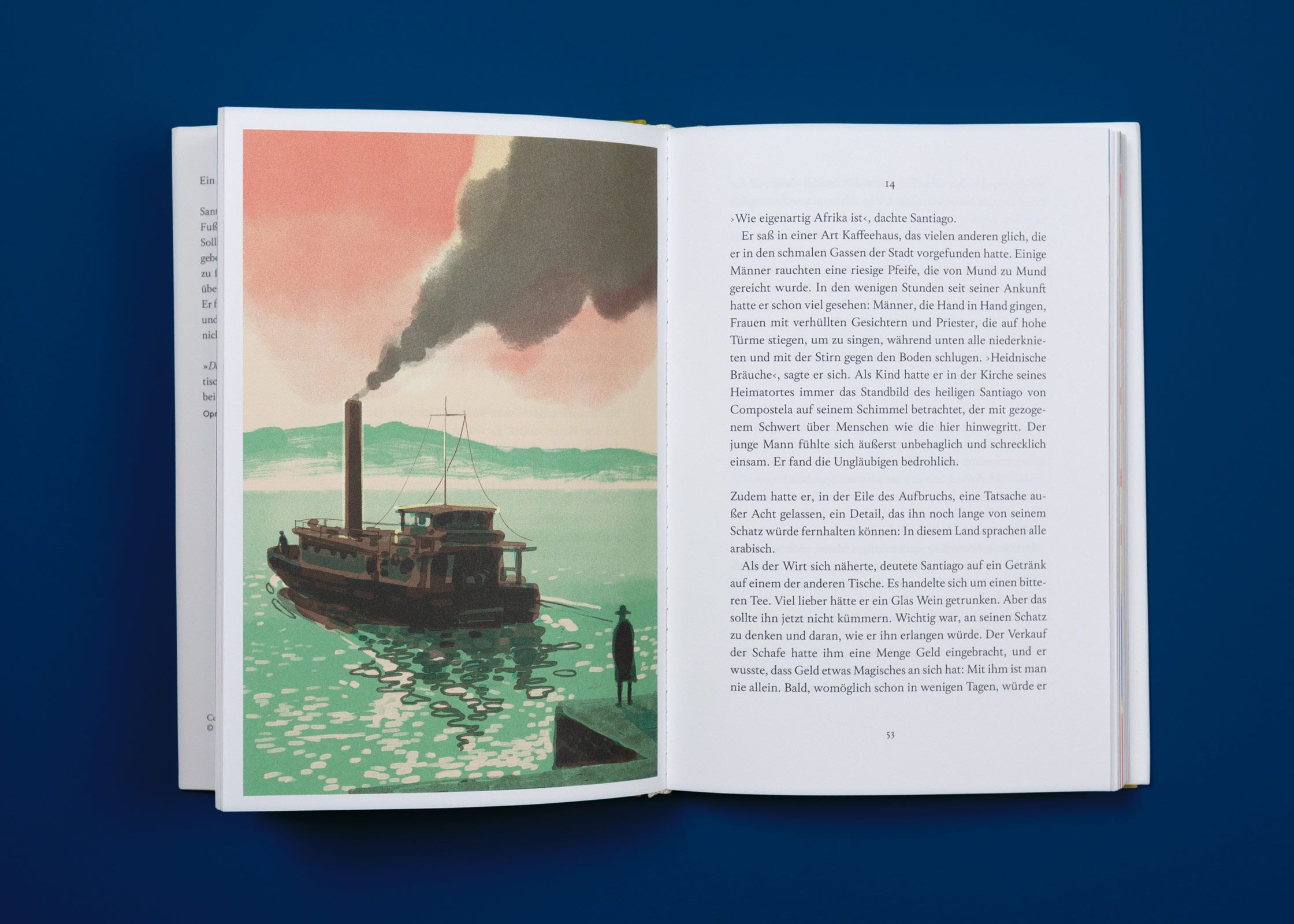 Coelho: Der Alchimist. Illustration mit Dampfschiff nach Nordafrika